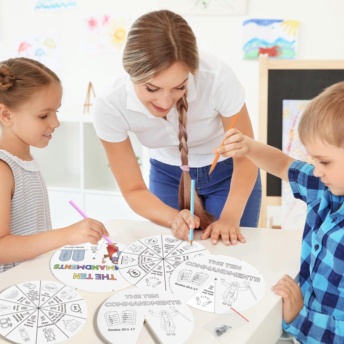 COcnny Ten Commandments Coloring Wheel Kit – 24 Card DIY Religious Art for Kids