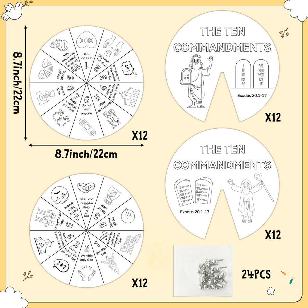COcnny Ten Commandments Coloring Wheel Kit – 24 Card DIY Religious Art for Kids