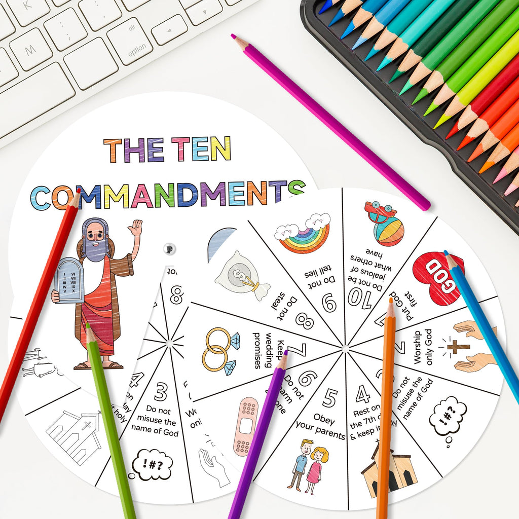 COcnny Ten Commandments Coloring Wheel Kit – 24 Card DIY Religious Art for Kids