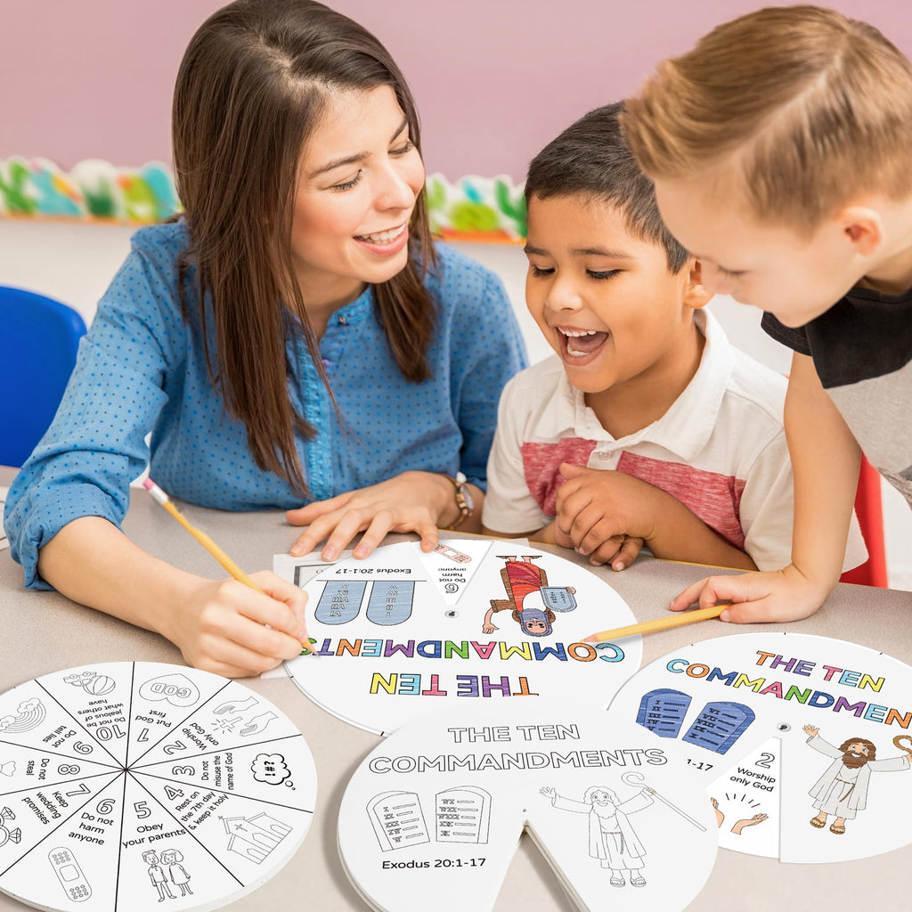 COcnny Ten Commandments Coloring Wheel Kit – 24 Card DIY Religious Art for Kids