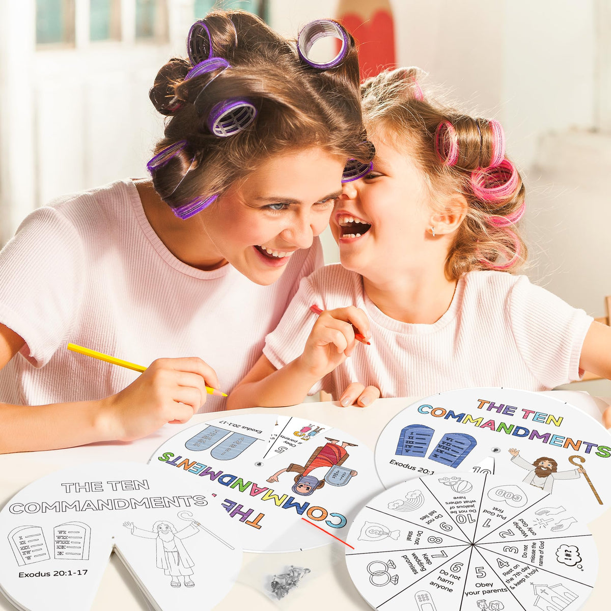 COcnny Ten Commandments Coloring Wheel Kit – 24 Card DIY Religious Art for Kids